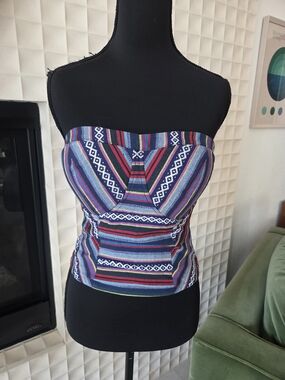 POL Strapless Bustier Crop Top Boho Multicolor Tribal Pattern, Size Small